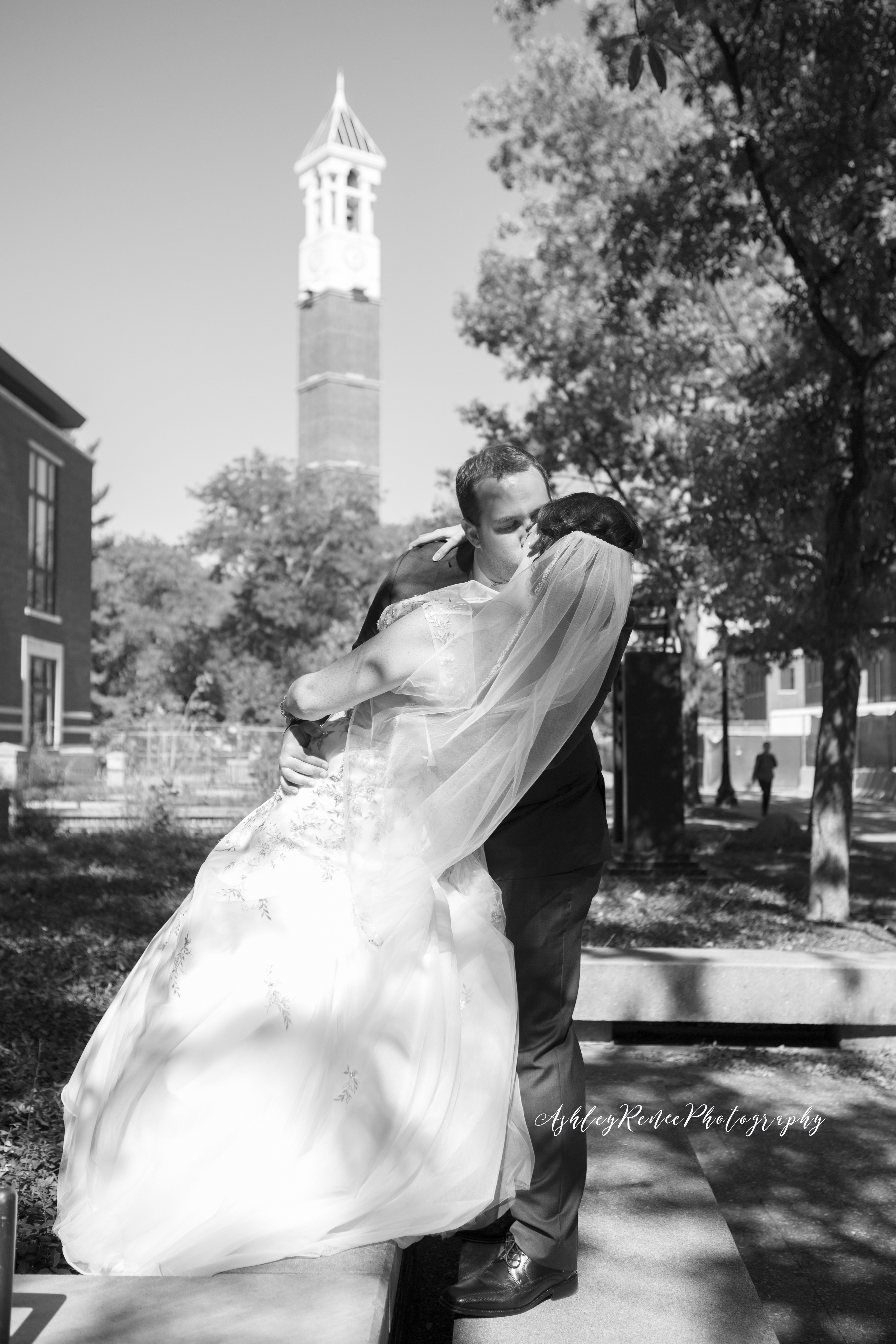 First Look Purdue Wedding Bell tower shot
